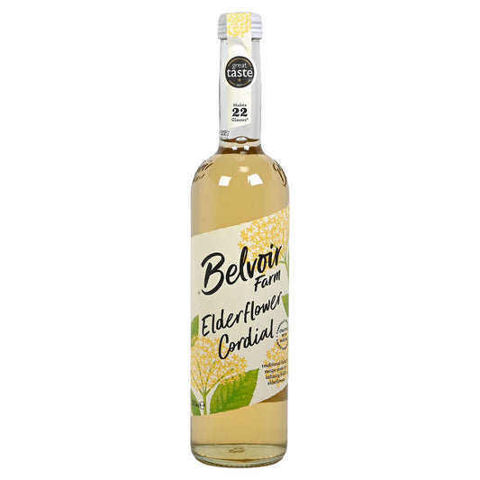 Bottle of Belvoir Elderflower Cordial on a white background