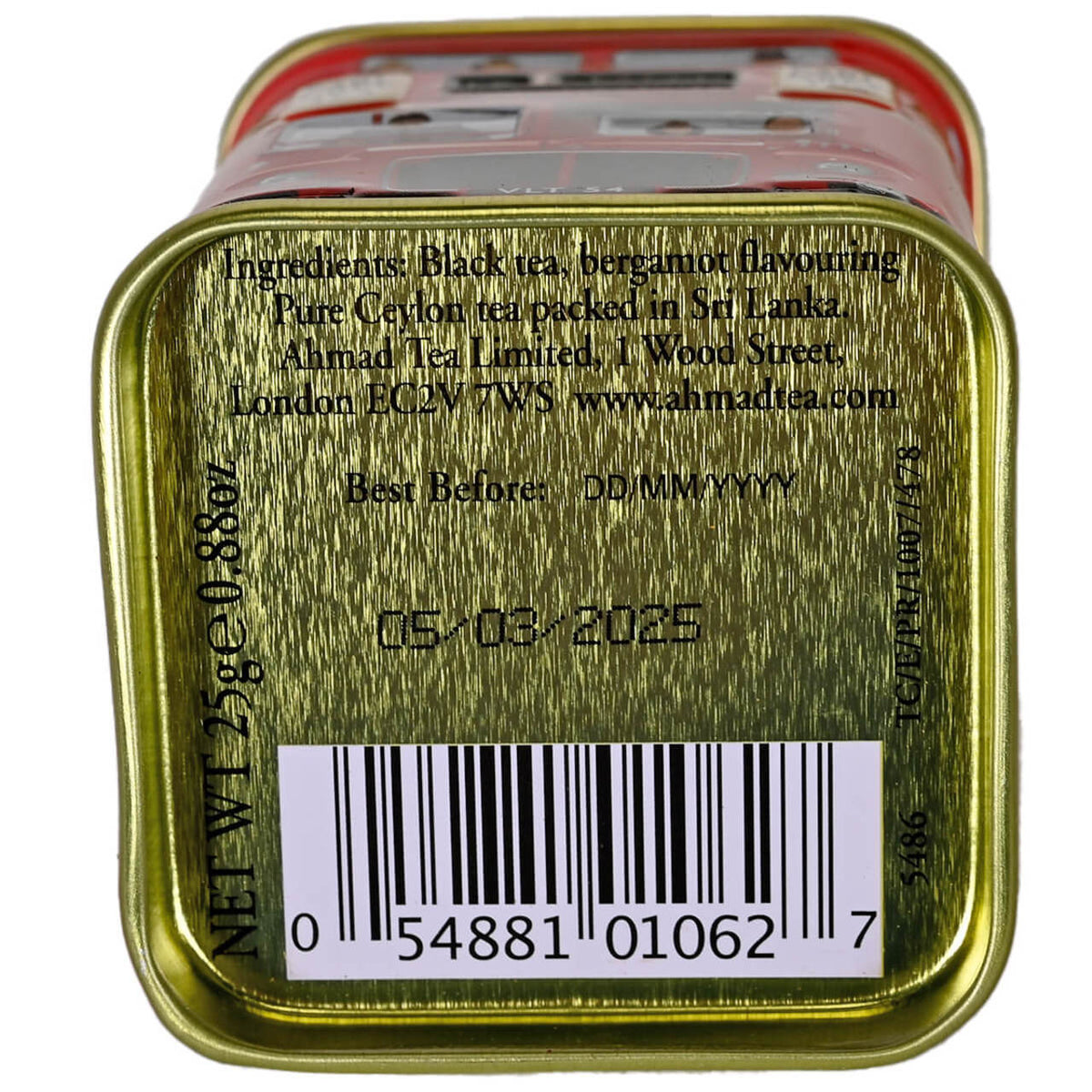 Back of a tea tin with label, barcode, and text on a white background