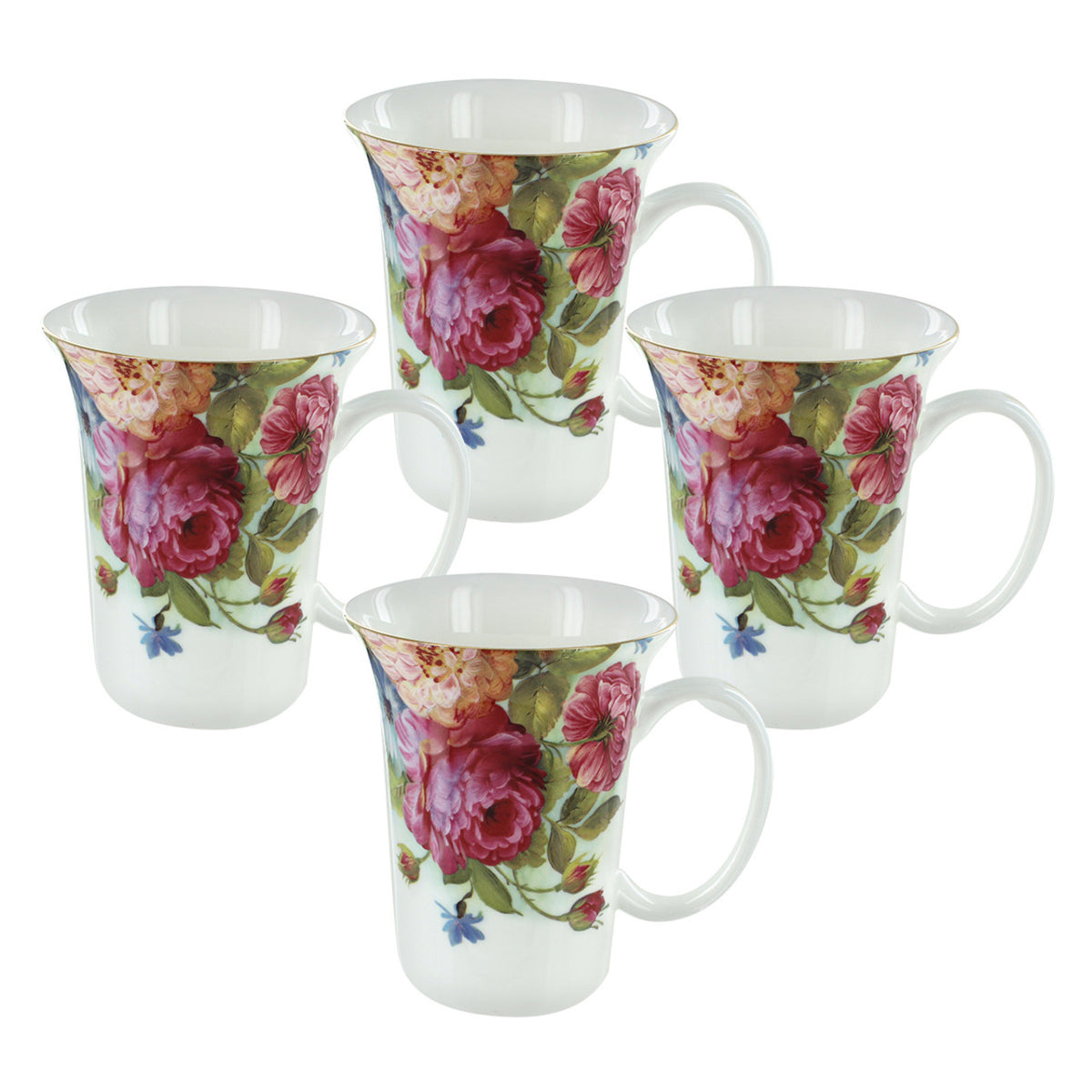 Set of four floral mugs on a white background
