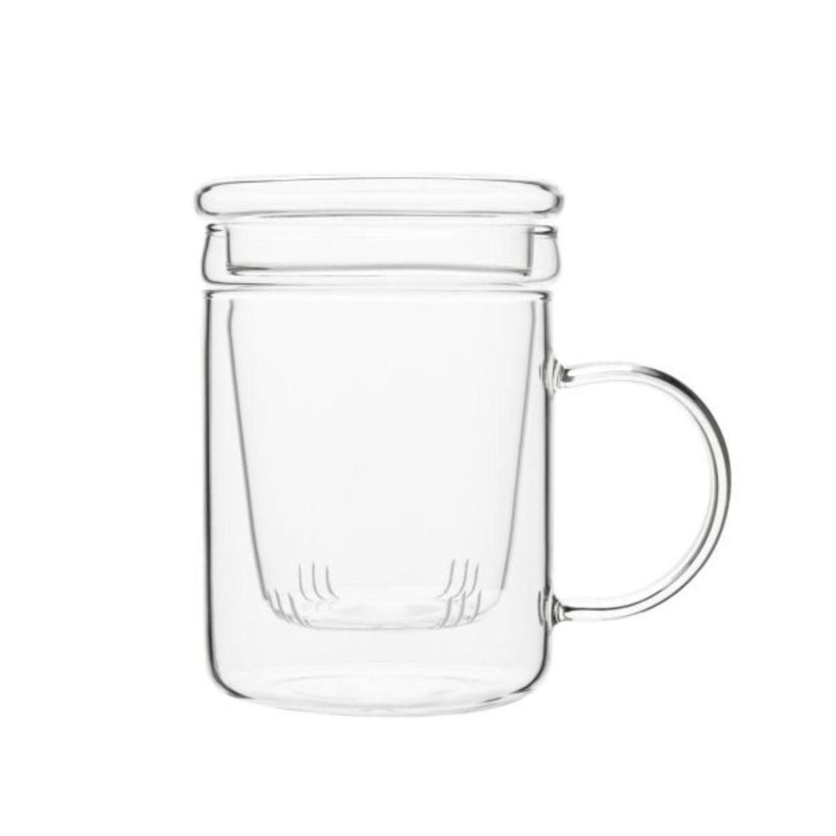Clear glass mug with handle on a white background
