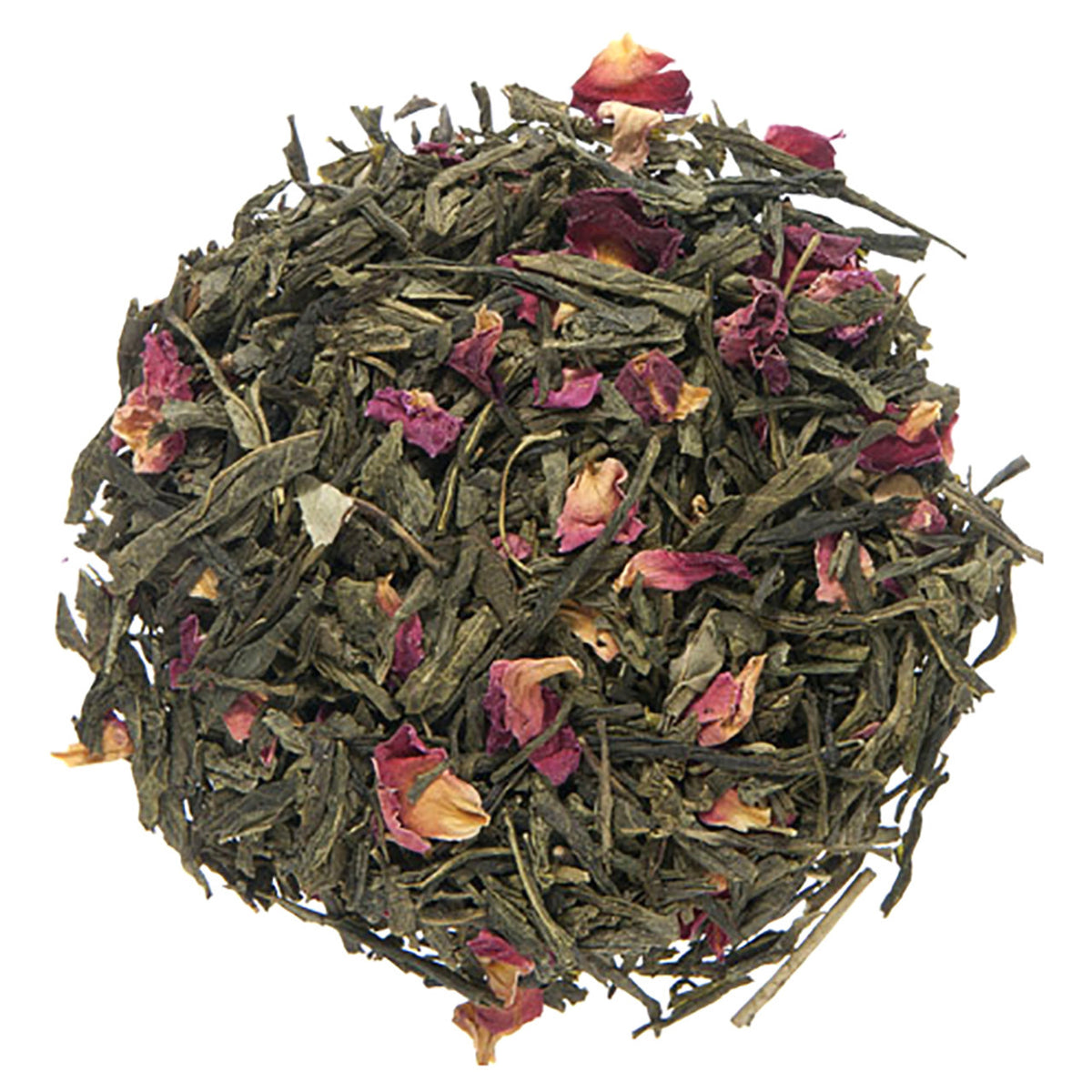 A close-up image of loose leaf green tea mixed with pink rose petals.