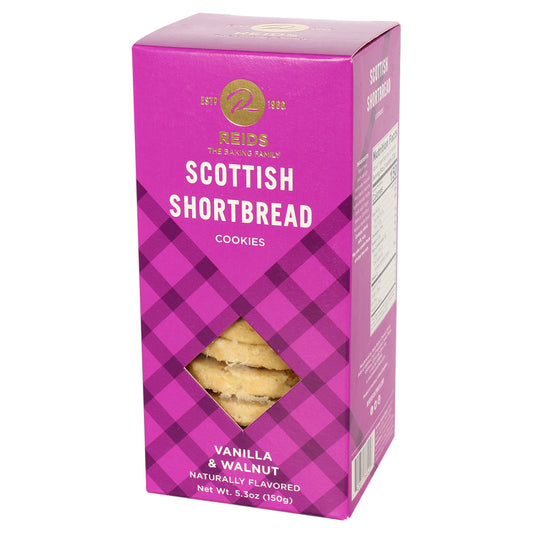 Pink box of Reids Scottish Shortbread Cookies with a window showing the cookies inside.