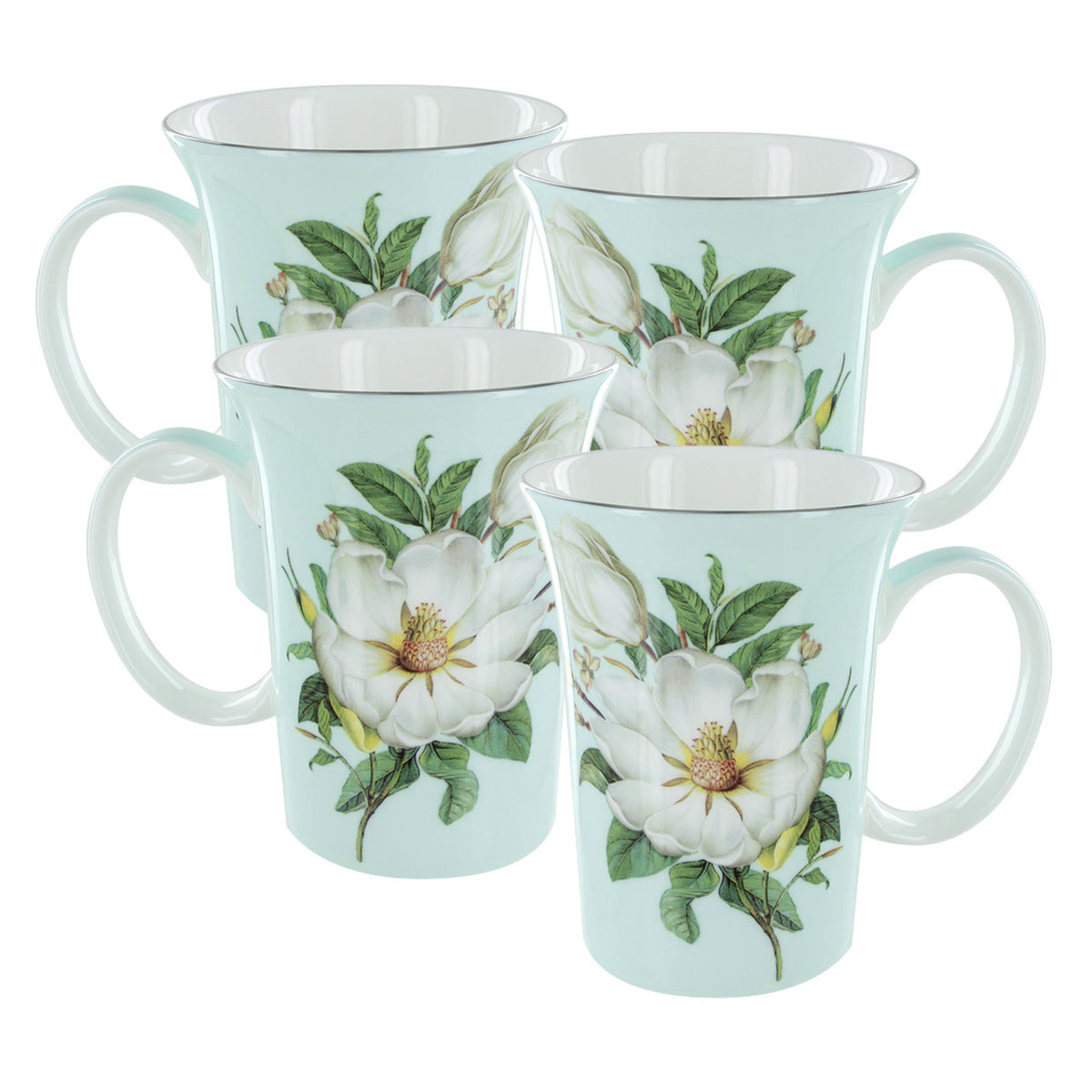 Set of four magnolia bone china mugs with floral design on a light blue background