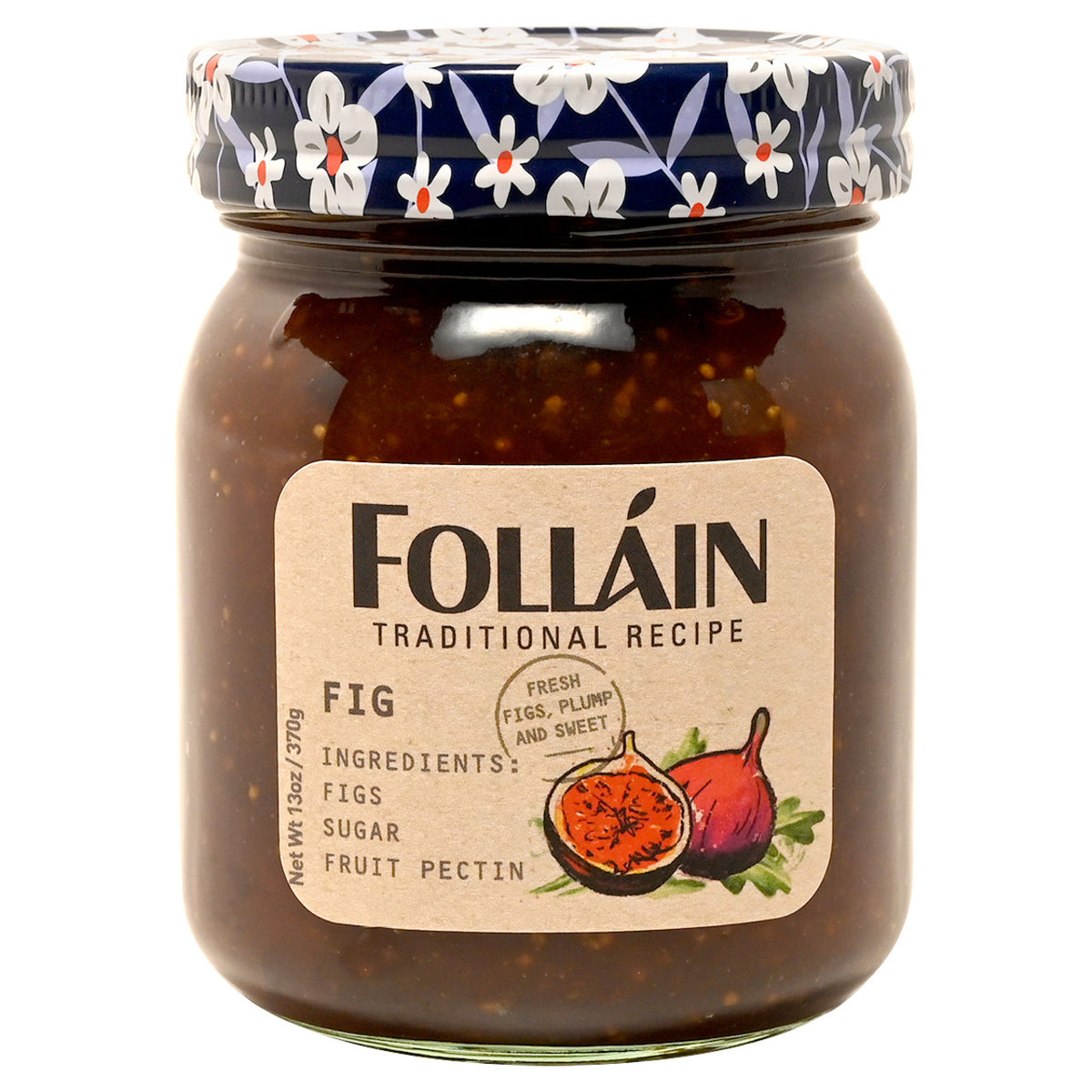 Jar of Folláin fig jam with decorative lid on a white background