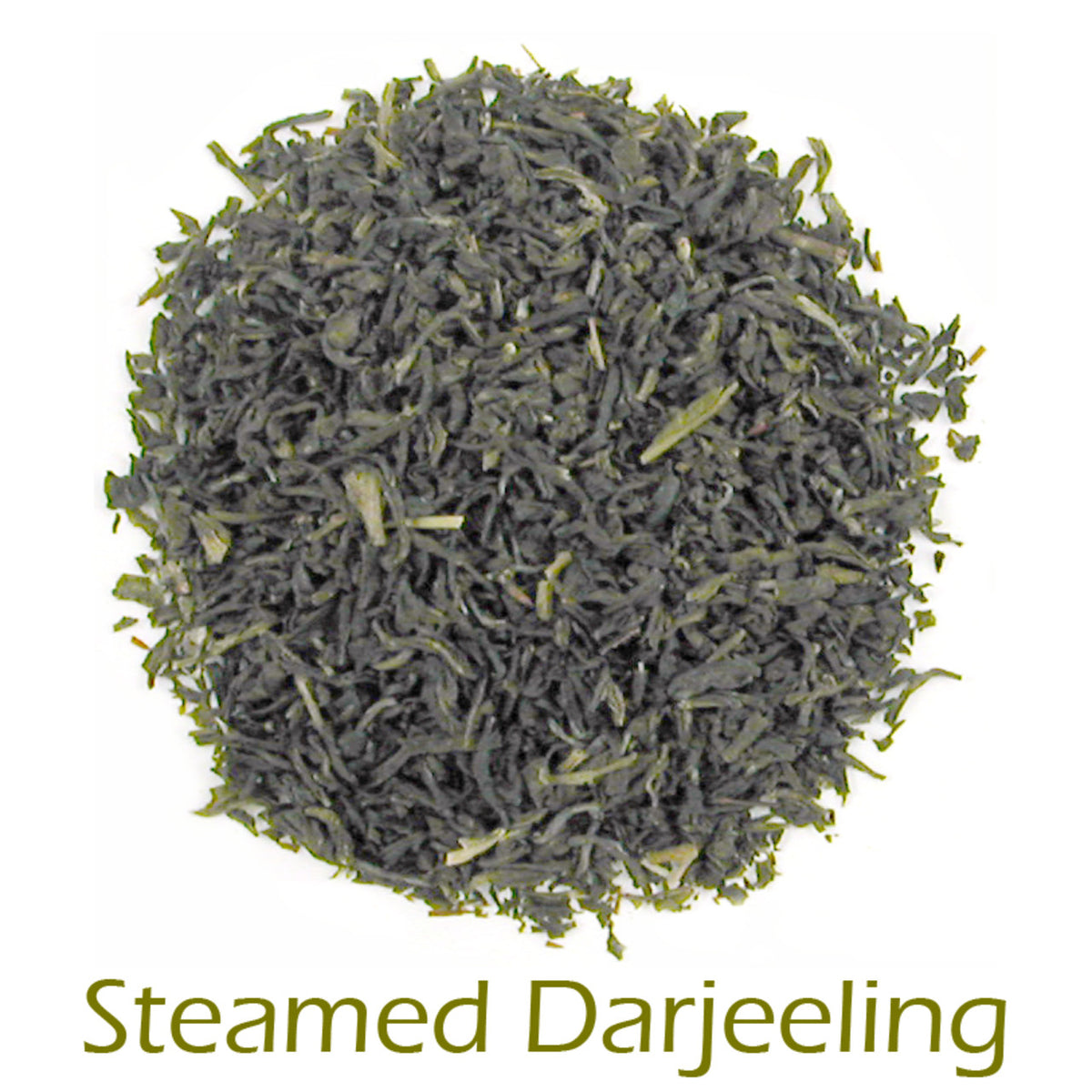 Steamed Darjleeling loose-leaf tea on a white background with product name caption