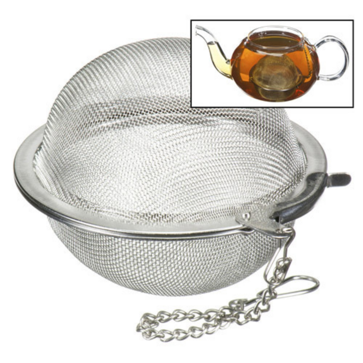 Metal tea ball infuser with a inset of tea being brewed.