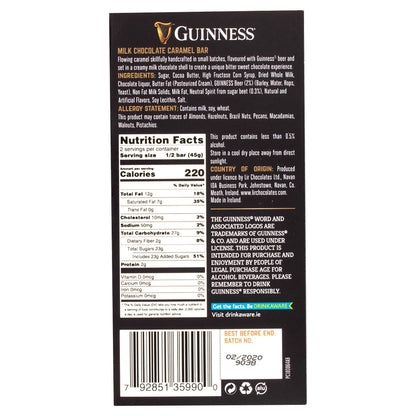Guinness caramel chocolate bar packaging with nutrition facts all on a white background