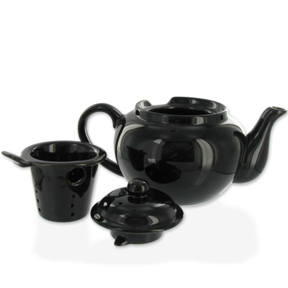 Black ceramic teapot with lid and infuser on a white background
