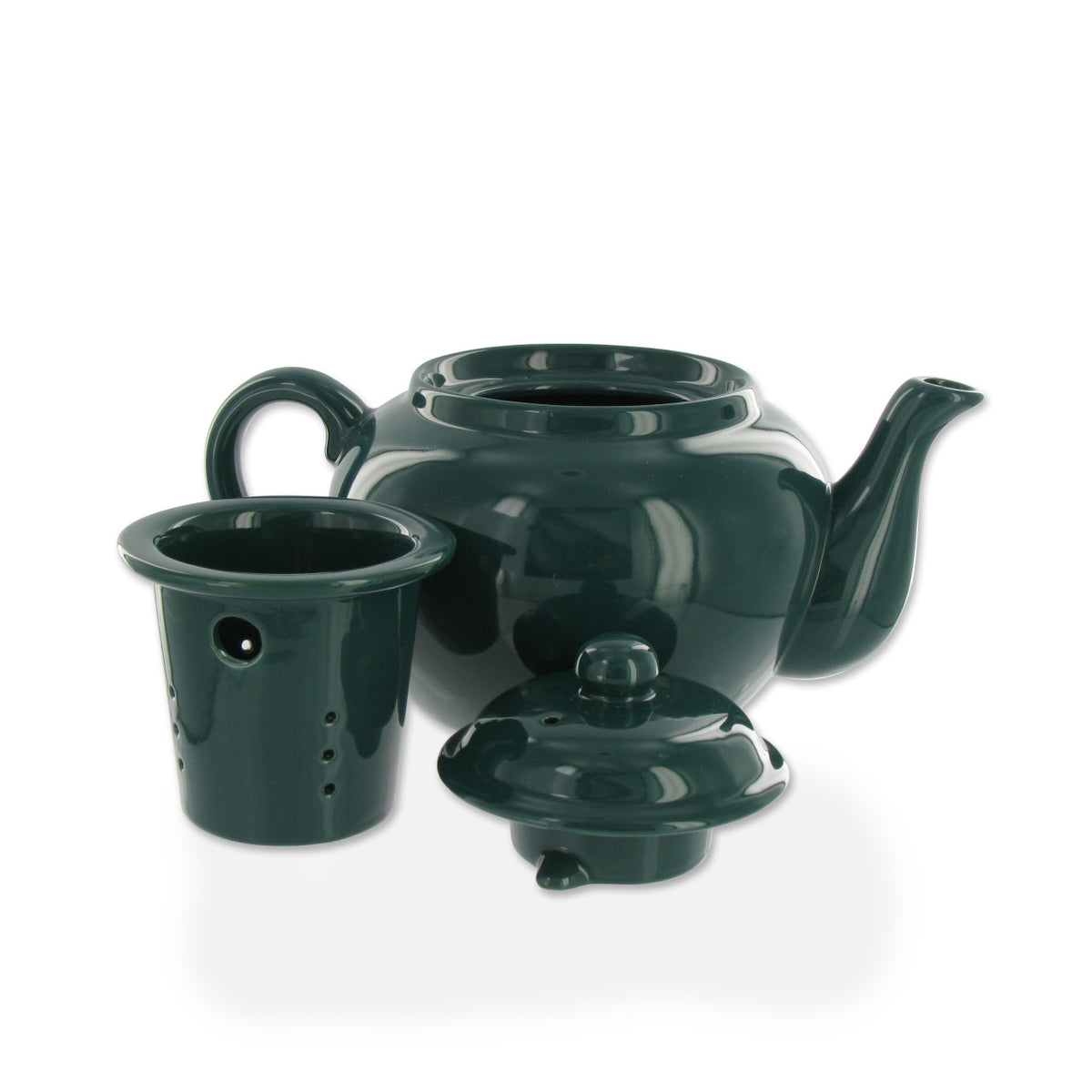 Green ceramic teapot with lid and infuser on a white background