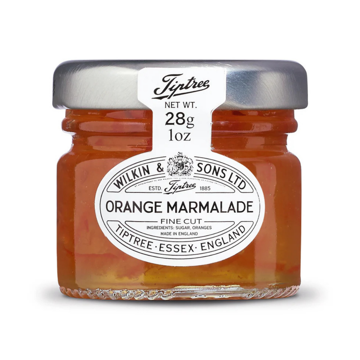 A 1oz mini jar of Tiptree Orange Marmalade with a label indicating it is a product of Wilkin & Sons Ltd, Tiptree, Essex, England.