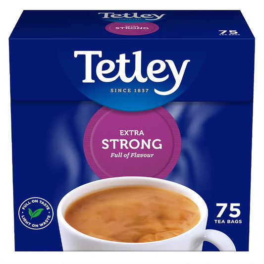 Tetley Extra Strong tea packaging with a cup of tea on a blue background