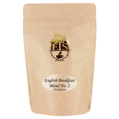 Kraft paper tea bag packaging with 'ETS' logo and 'English Breakfast Blend No. 2' text on a white background