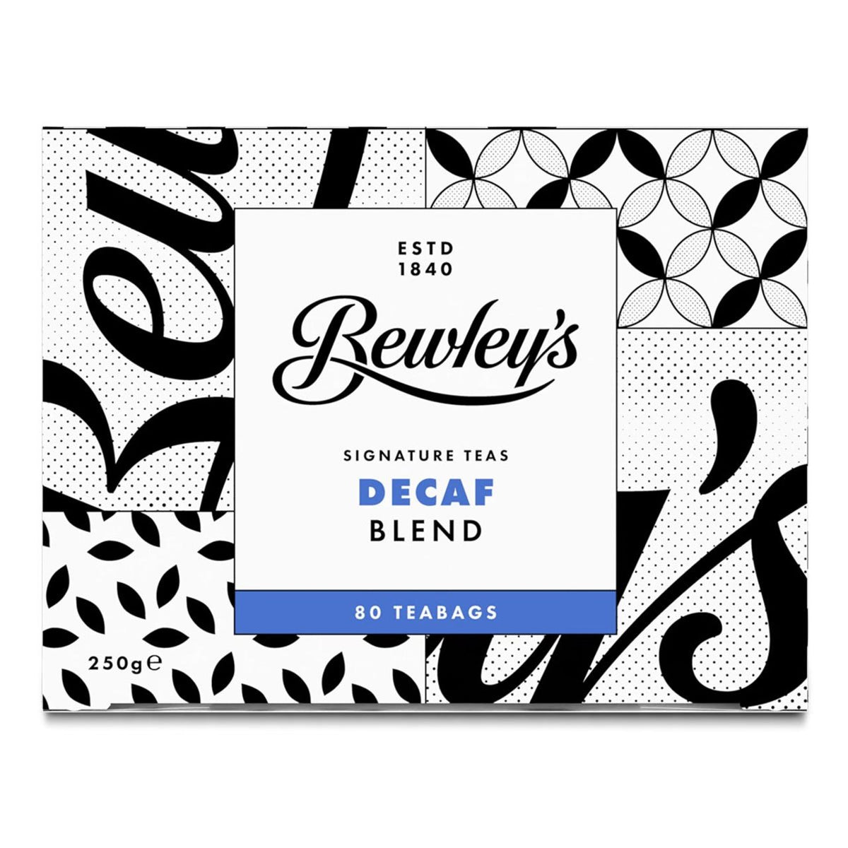 Bewley's Decaf Blend tea packaging with black and white pattern