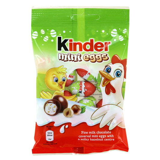 Packaging of Kinder mini eggs with cartoon characters on a white background
