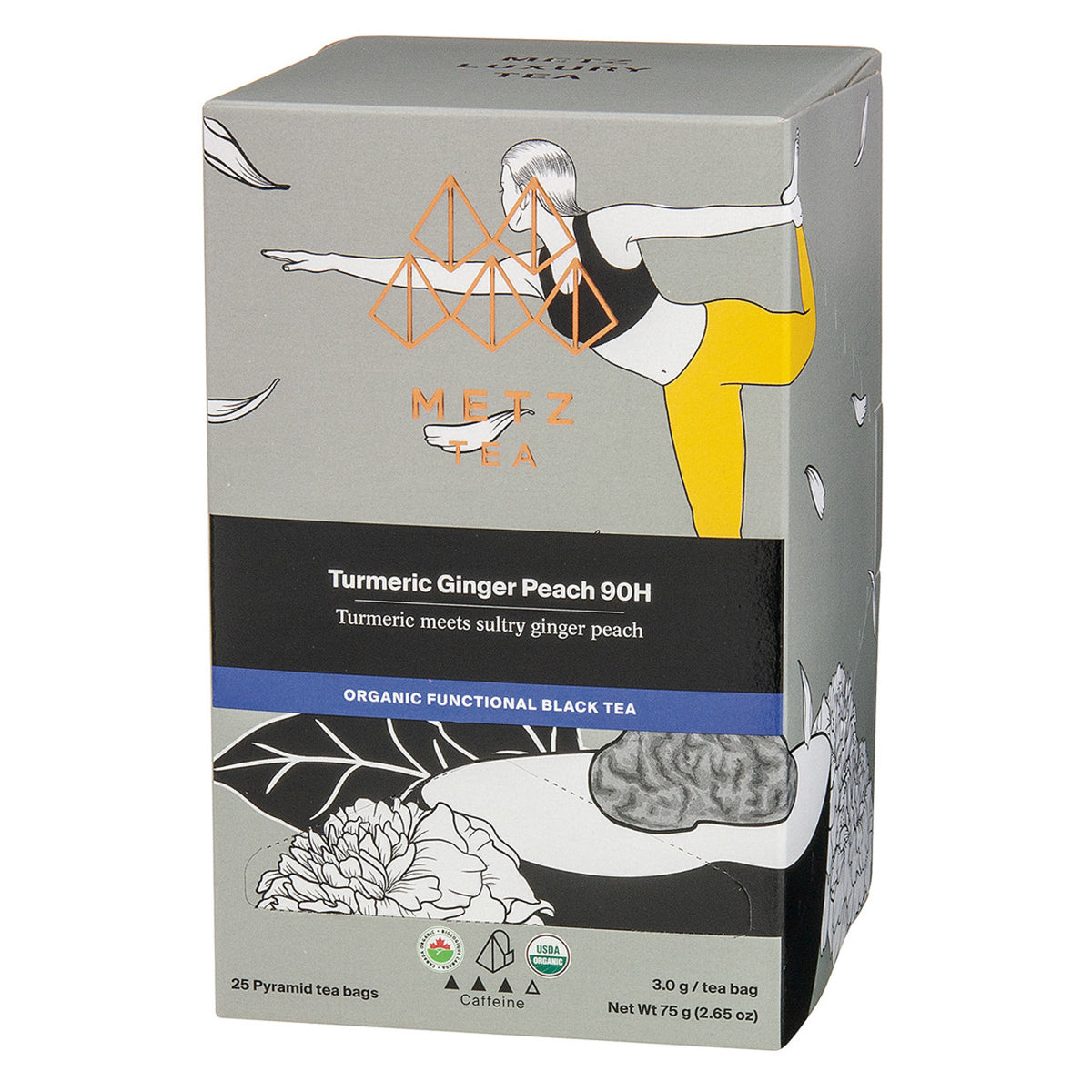 Meez Tea box with a person doing yoga and tea packaging design.