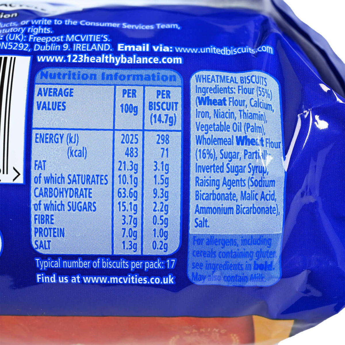 Nutrition information label on a blue package of McVitie's biscuits.