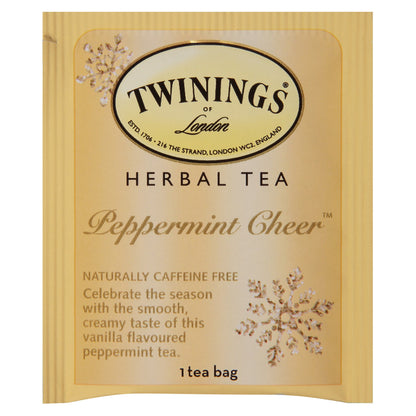 Gold colored teabag package for Twining's Herbal Tea Peppermint Cheer.