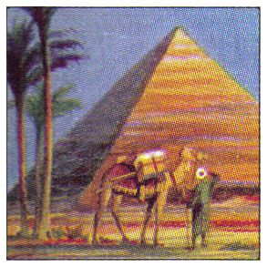 Colored drawing of a pyramid with a camel and a person in the forefront