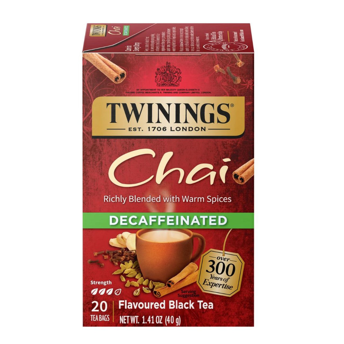 Twinings Chai Decaffeinated tea box on a white background
