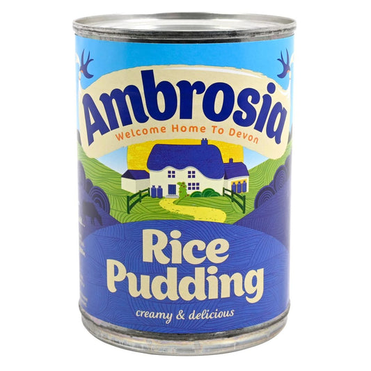 Can of Ambrosia Rice Pudding with blue label and house illustration