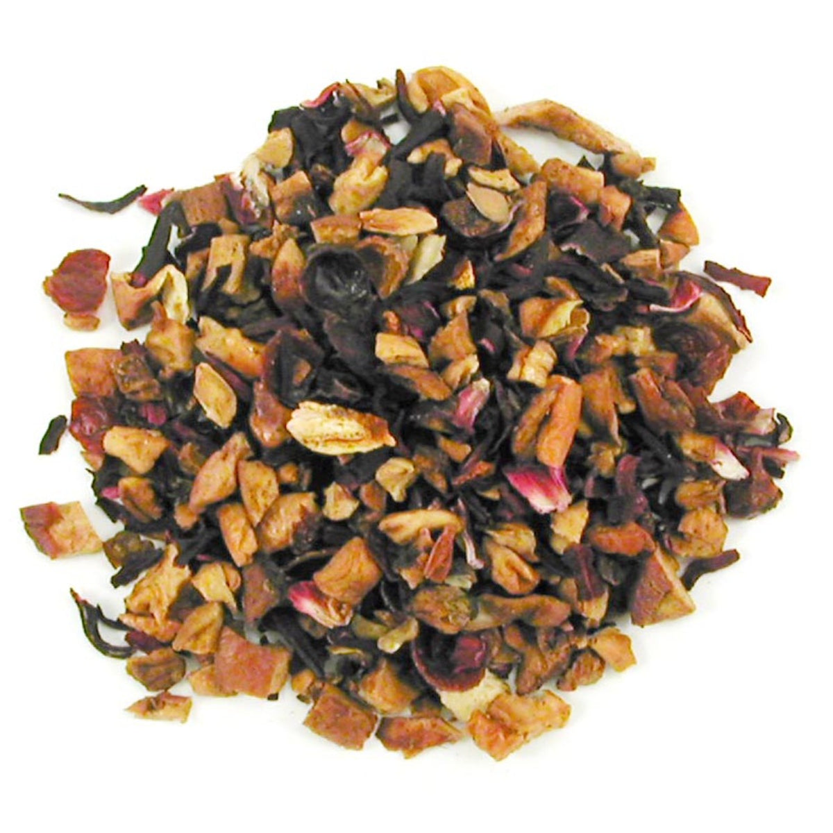 Assorted dried herbal tisane with fruits and nuts on a white background