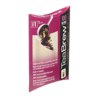 Tea filter package with pink and white design on a white background