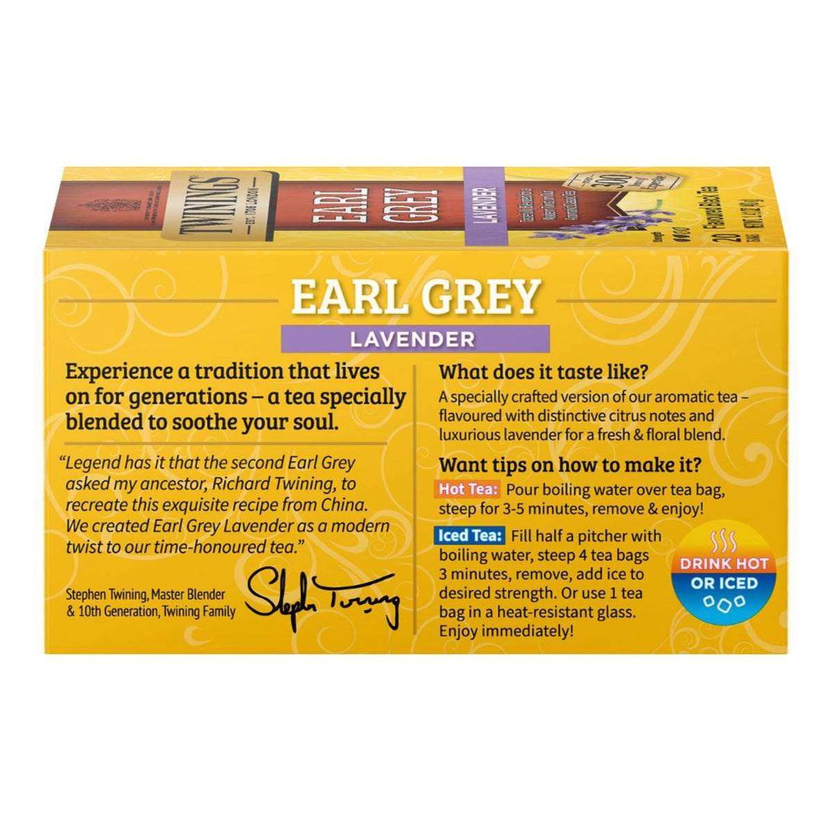 Yellow box of Earl Grey Lavender tea with branding and text on a white background