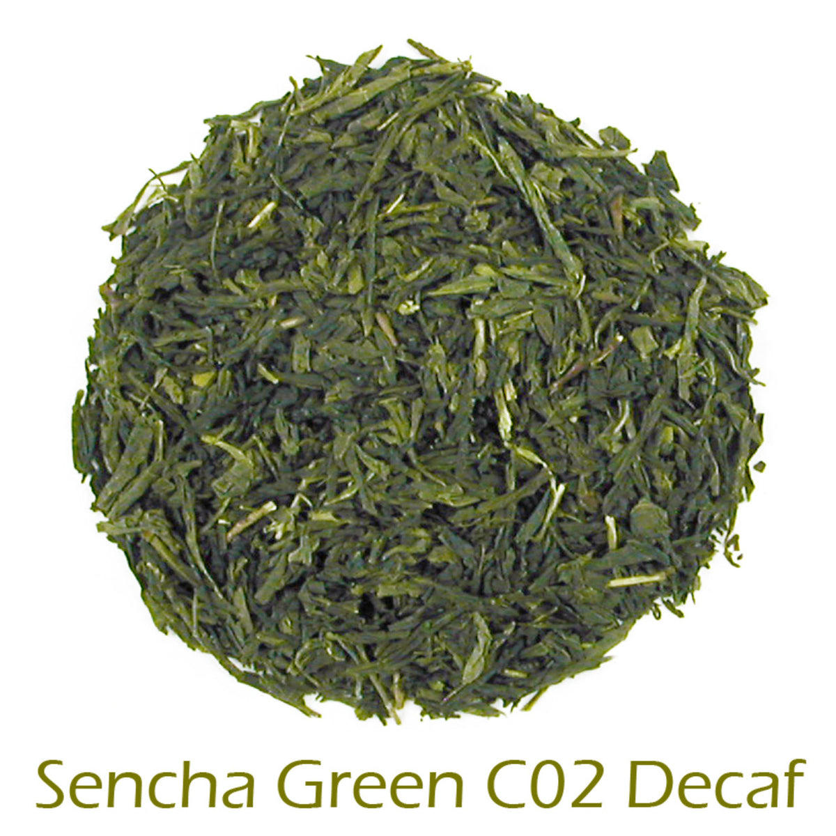 Sencha Green C02 Decaf loose-leaf tea on a white background with product name caption