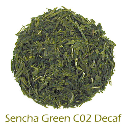 Sencha Green C02 Decaf loose-leaf tea on a white background with product name caption