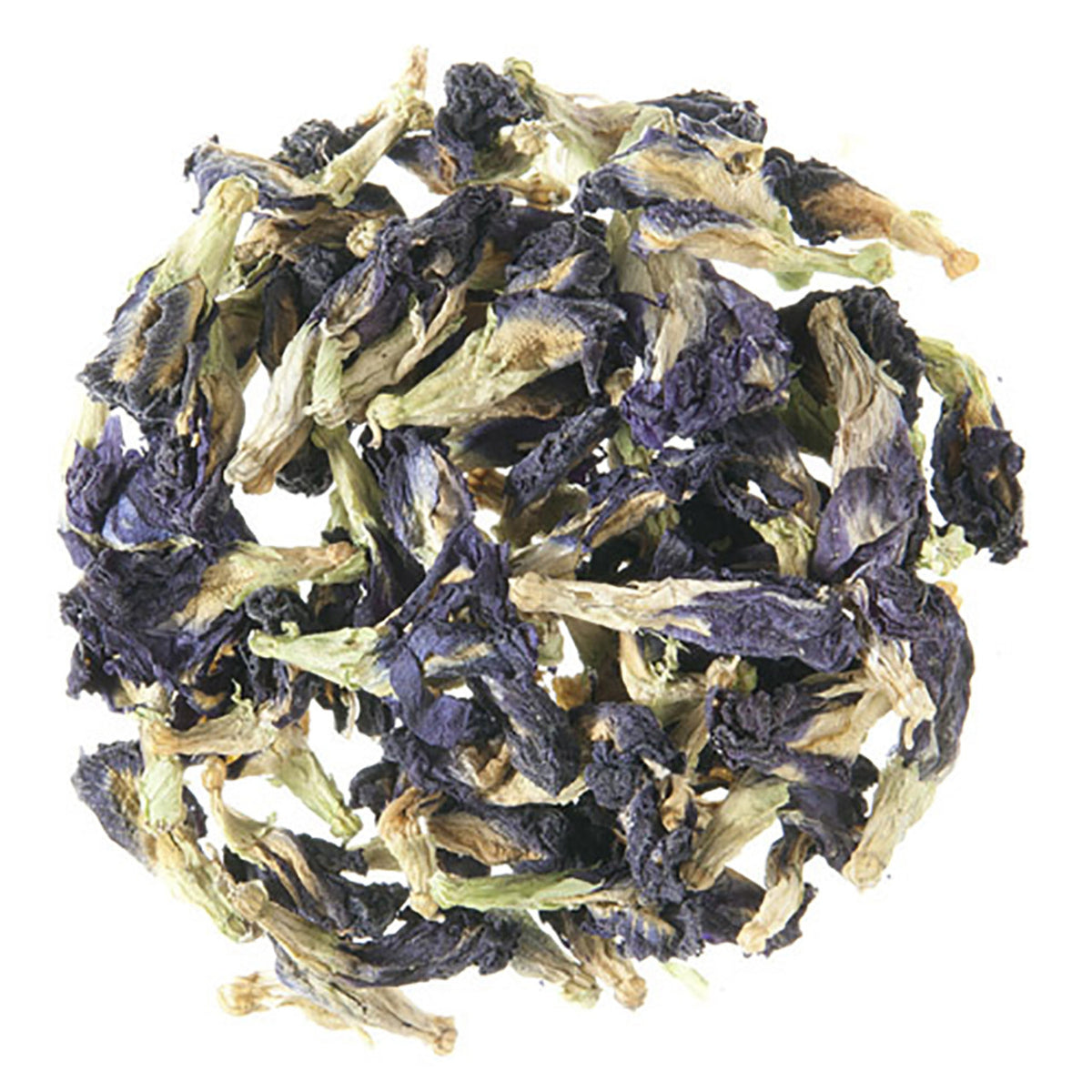Dry butterfly pea tea flowers on a white background