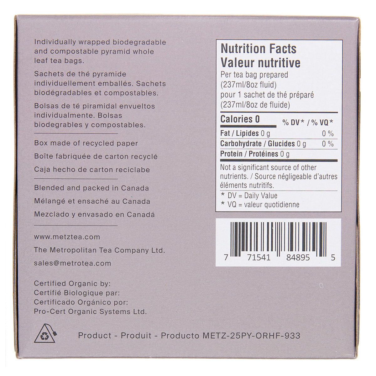 Back of a tea box with nutritional facts and product details.