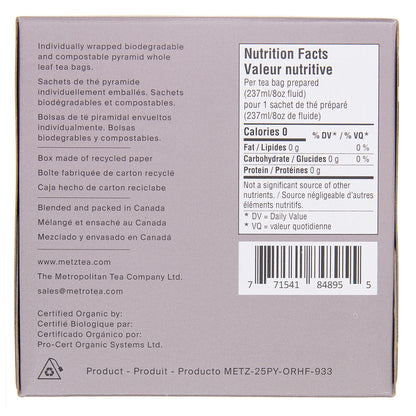 Back of a tea box with nutritional facts and product details.