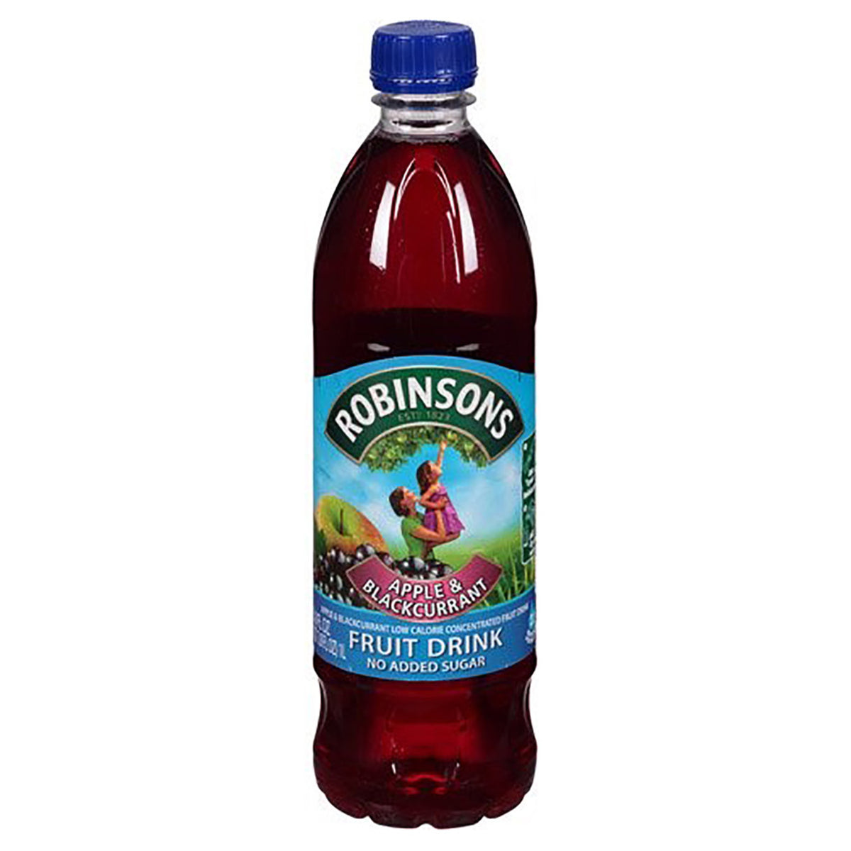 Bottle of Robinsons fruit drink with a blue cap on a white background