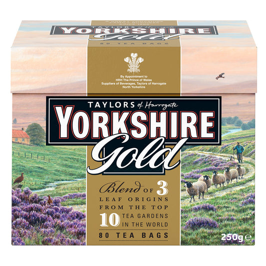 Box of Taylors of Harrogate Yorkshire Gold tea with a scenic design on the packaging.