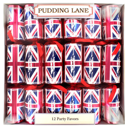 Box of 12 party favors with Union Jack design and 'Pudding Lane' branding.