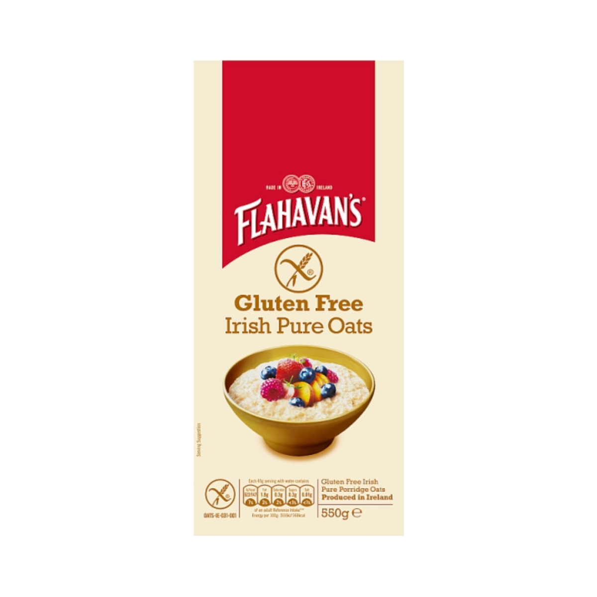 Flahavan's gluten free Irish pure oats packaging with a bowl of oats and berries.  Package is on a white background