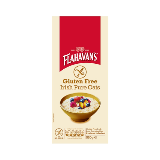 Flahavan's gluten free Irish pure oats packaging with a bowl of oats and berries.  Package is on a white background