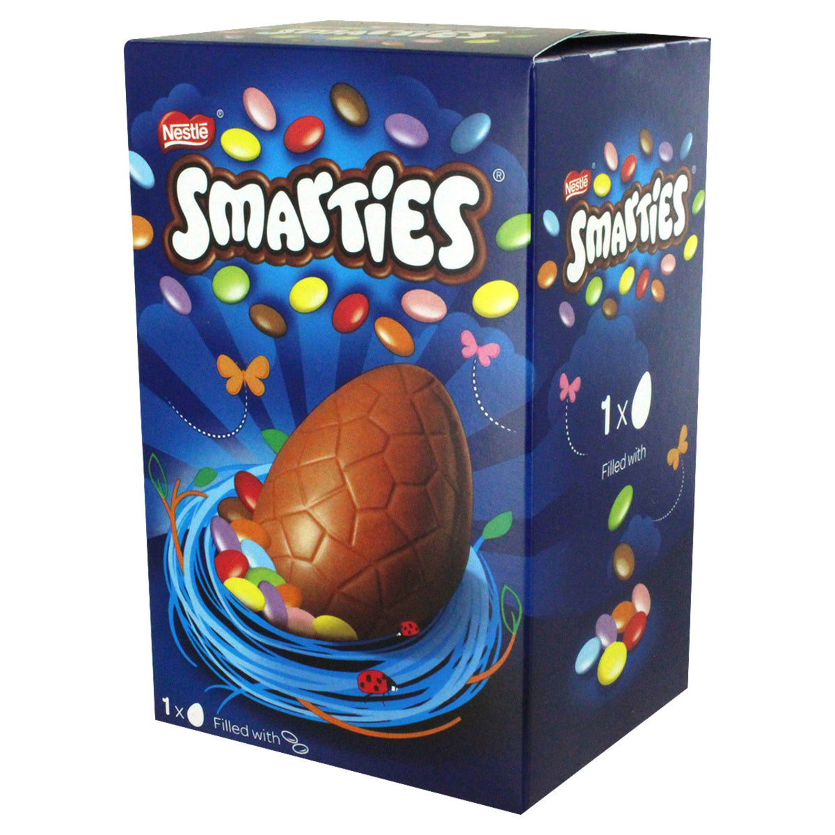 Smarties Easter egg packaging with colorful candies and blue background