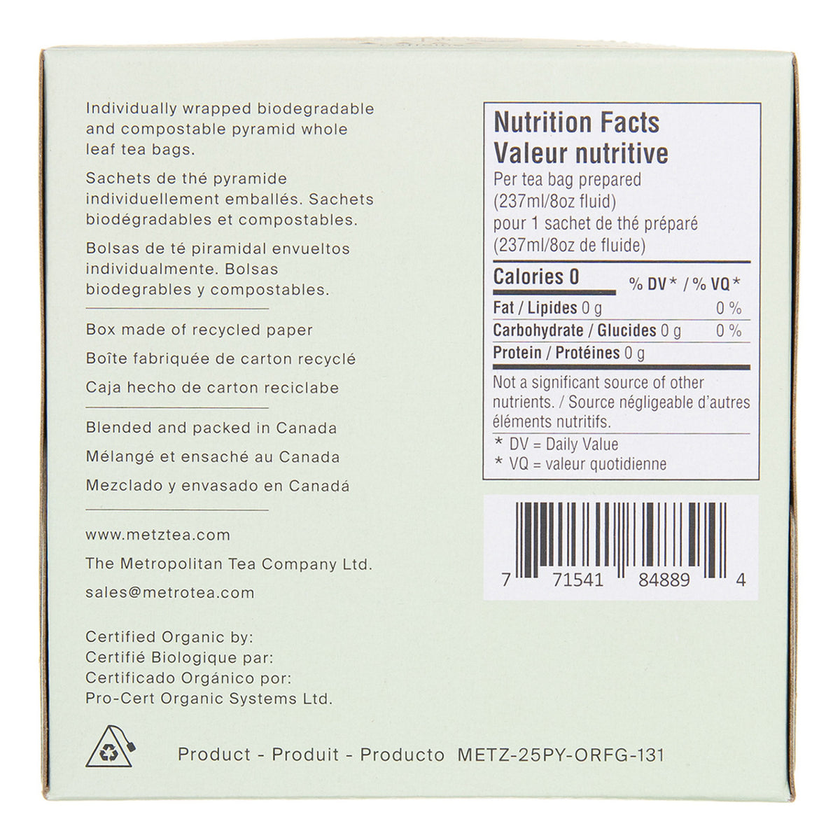 Back of a tea box with nutritional facts and product details.