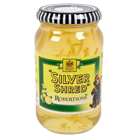 Jar of Silver Shred pickles with a striped lid on a white background