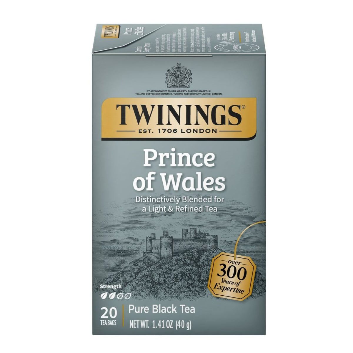Grey box of Twinings Prince of Wales tea on a white background