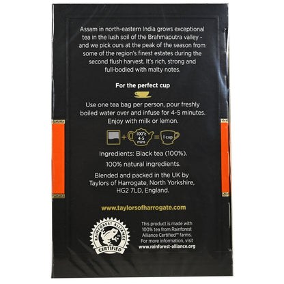 Tea bag packaging with text and branding on a black background