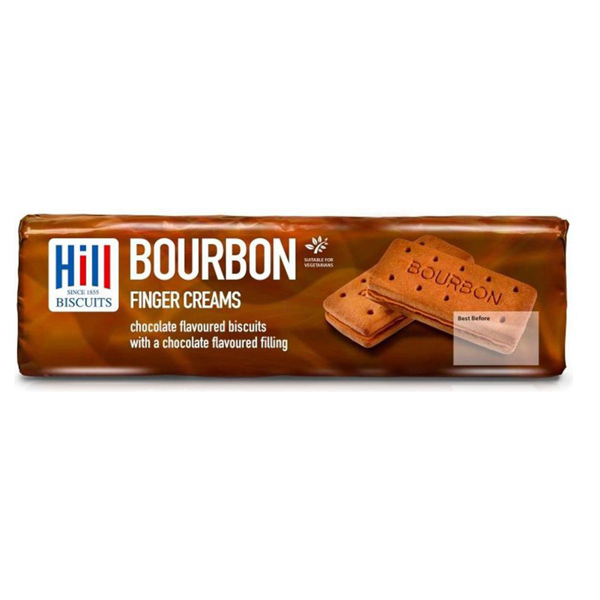 Packaging of Hill Biscuits Bourbon Finger Creams on a white background