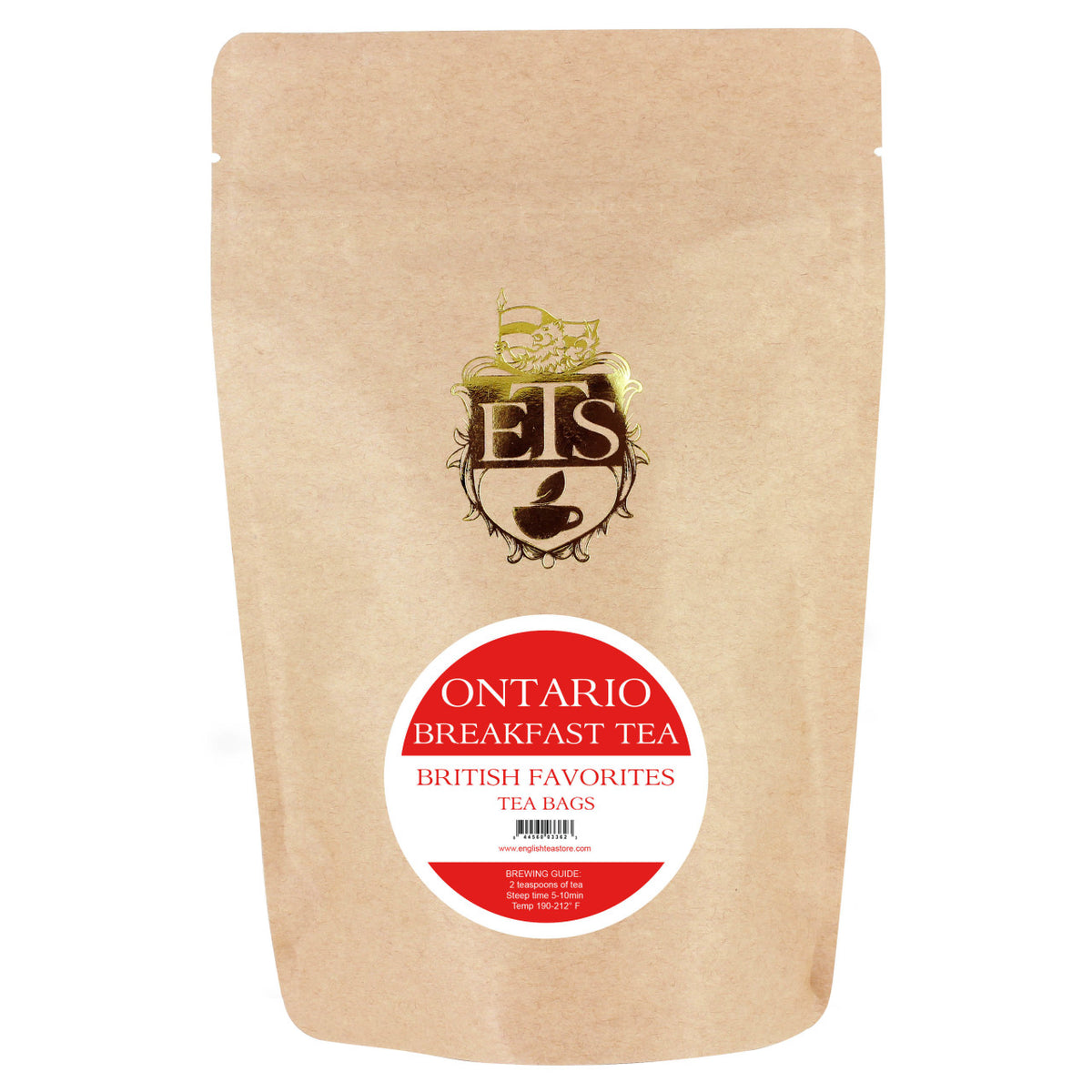 A pouch of Ontario Breakfast tea bags by EIS with branding and product name visible.