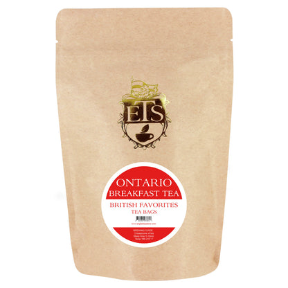 A pouch of Ontario Breakfast tea bags by EIS with branding and product name visible.