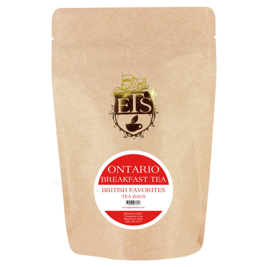 A pouch of Ontario Breakfast tea bags by EIS with branding and product name visible.