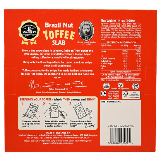 Back of a Walker's Toffee Slab with Brazil nuts packaging on a white background featuring ingredients and nutrition