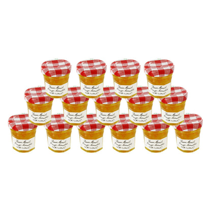 15 small jars of Bonne Maman Orange Marmalade with a red and white checkered lid on a plain background.