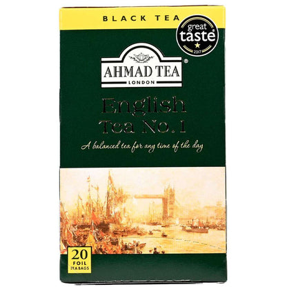 Ahmad Tea packaging with a scenic image of London Bridge on a white background