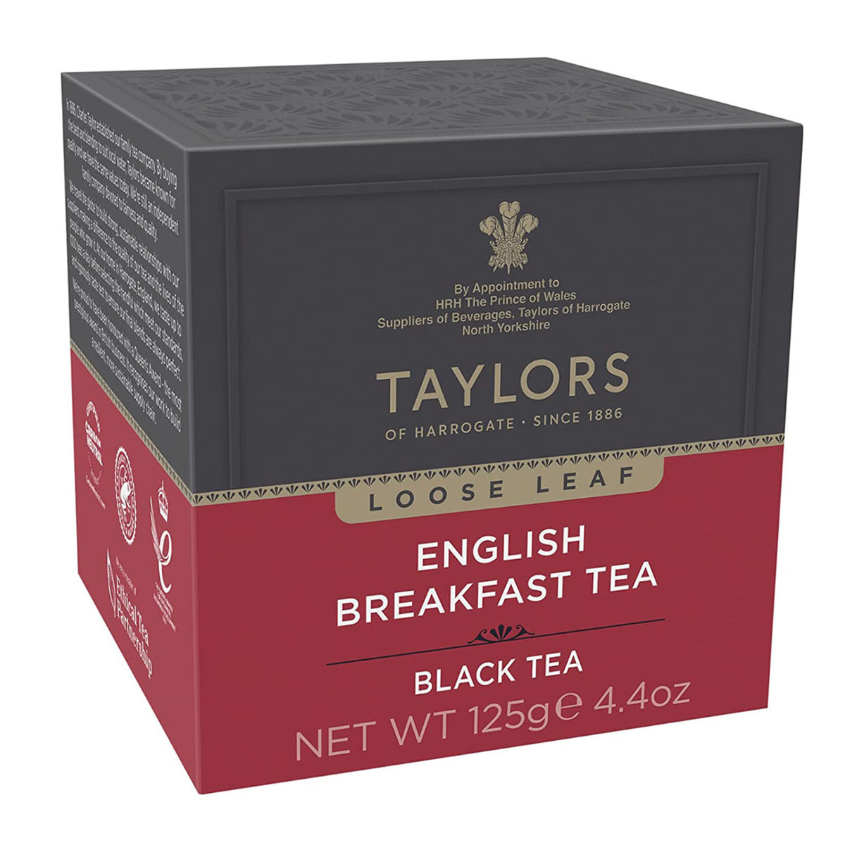 Taylors English Breakfast tea box with red and gray design